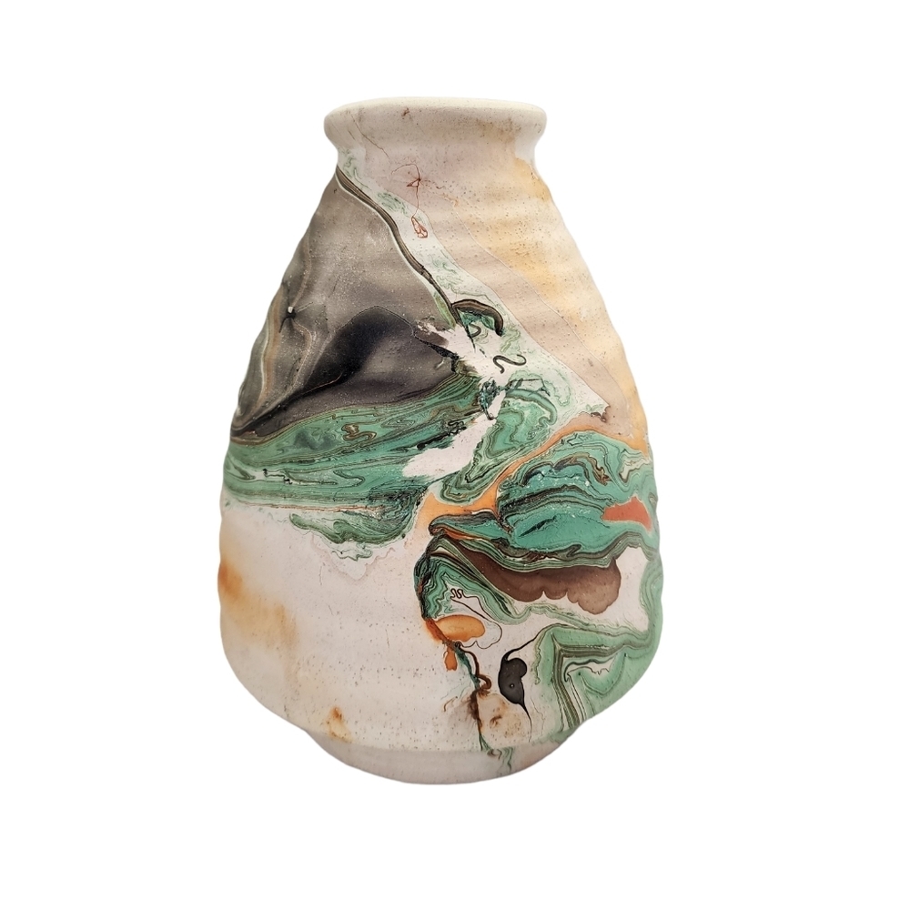 Nemadji Indian Clay Pottery Beehive Vase Shape Green Orange Gray Swirl Pattern - Picture 2 of 15